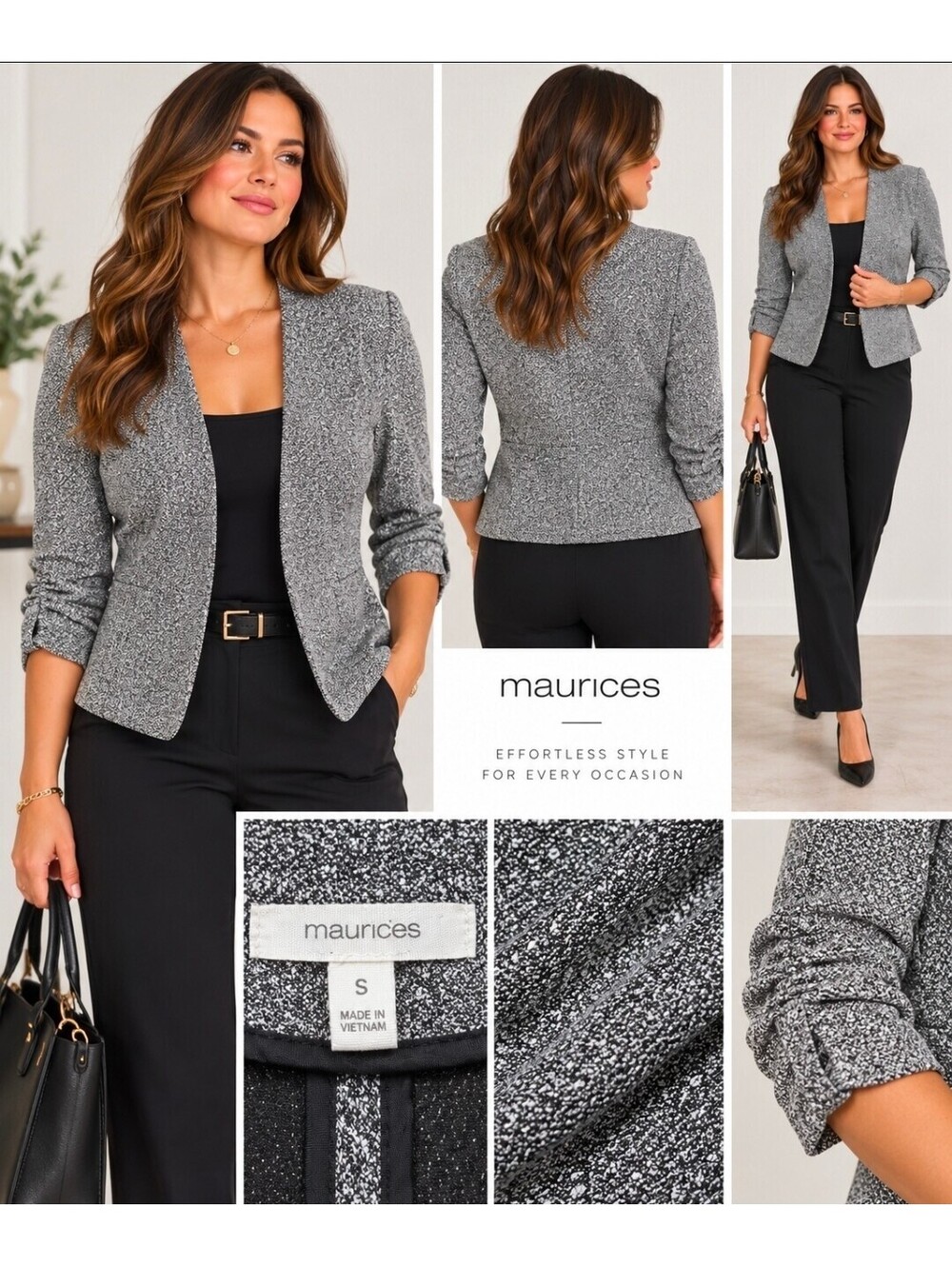 Maurices Women’s Small Metallic Silver Textured Blazer 3/4 Ruched Sleeve